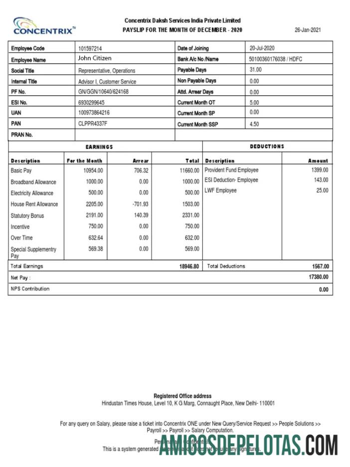 ÍNDIA CONCENTRIX Daksh Services India Private Limited Folha de pagamento em formatos Word e PDF modelo